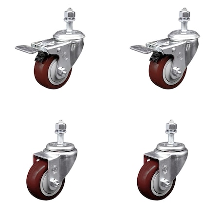 Service Caster 3 Inch SS Maroon Polyurethane 1/2 Inch Threaded Stem Caster Total Lock Brake, 2PK SSTSTTL20S314-PPUB-MRN-121315-2-S-2